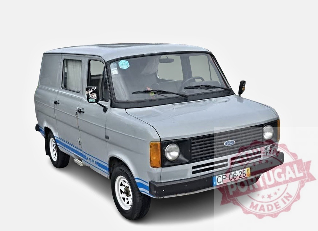 Ford Transit van classic cargo vehicle | Gray Ford Transit van with blue stripes on a white background - Realisiert mit Pictrs.com