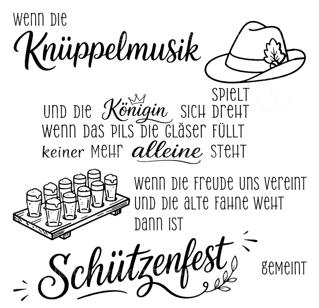 Schützenfest Reim Handlettering D | Eigener deutscher Text Reim in einem Lettering zum Thema Schützenfest. Illustrationen zeigen Schützenhut, Biergläser auf einem Holztablett.