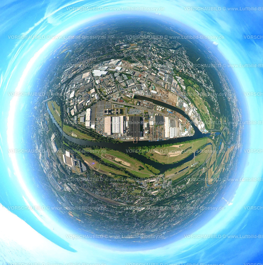 Muelheim20220712_06 | Luftbild, Rhein-Ruhr Hafen Mülheim, Ruhr, Ruhrverlauf, Wassergewinnungsflächen, Wasserwerk Mülheim, Gewerbegebiet, Speldorf, Mülheim an der Ruhr, Ruhrgebiet, Nordrhein-Westfalen, Deutschland