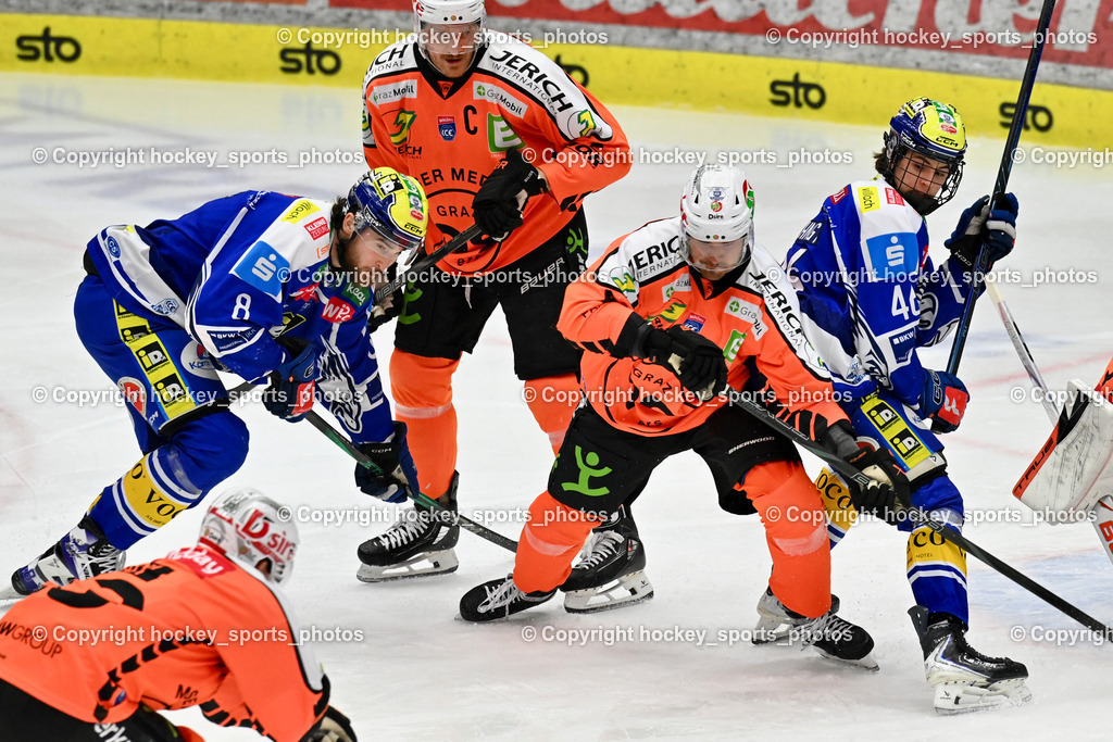 EC IDM WÄRMEPUMPEN VSV vs. MOSER MEDICAL GRAZ99ERS | #8 Maximilian Rebernig EC VSV, #4 Korbinian Holzer Graz 99ers, #3 Frank Hora Graz 99ers, #46 Paul Sintschnig EC VSV, EC IDM WÄRMEPUMPEN VSV vs. MOSER MEDICAL GRAZ99ERS, EC IDM WÄRMEPUMPEN VSV vs. MOSER MEDICAL GRAZ99ERS am 17.03.2026 in Villach (Stadthalle Villach), Austria, (Photo by Bernd Stefan)