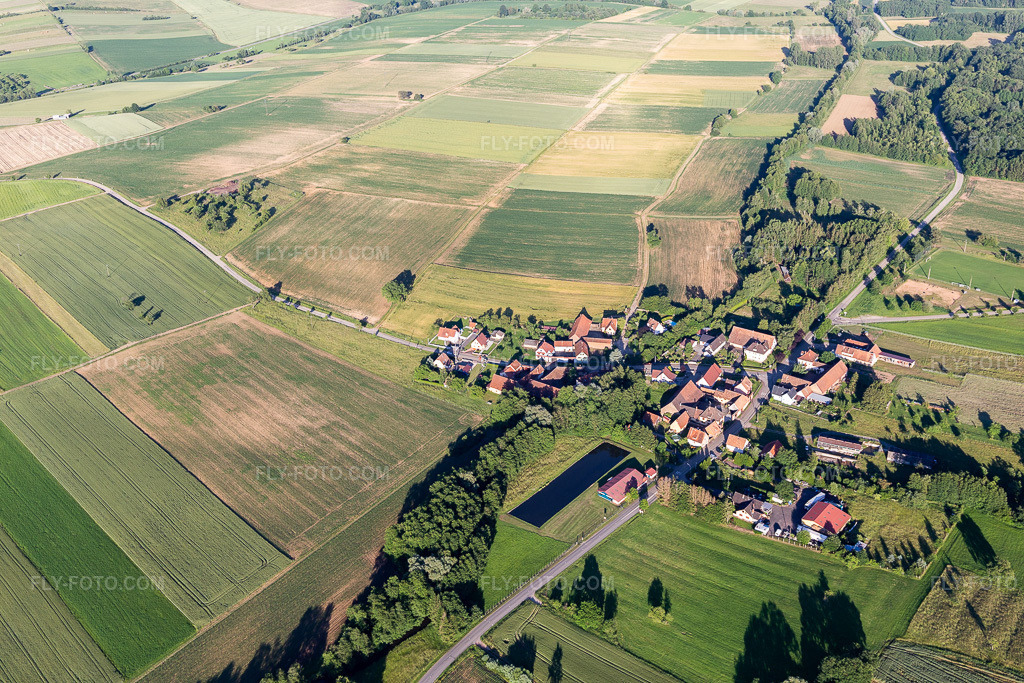 Aerial view: Moulin de Niefern in Uhrwiller in the state Bas-Rhin, France. – Photo: IMG_115433.jpg taken on 06/16/2019 by Werner Riehm/FLY-FOTO.com – Resolution of the original: 5472 x 3648 px