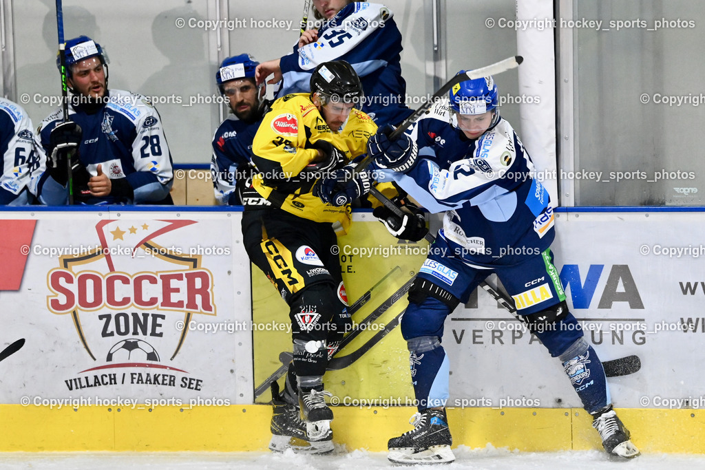 ESC Steindorf vs. MET PHOTOVOLTAIK HORNETS SPITTAL | #28 Bacher Stefan ESC Steindorf, #22 Thaler Tim EC Hornets Spittal, #72 Hobitsch Samuel ESC Steindorf, ESC Steindorf vs. MET PHOTOVOLTAIK HORNETS SPITTAL, ESC Steindorf vs. MET PHOTOVOLTAIK HORNETS SPITTAL am 26.10.2024 in Steindorf (Ossiachersee Halle), Austria, (Photo by Bernd Stefan)