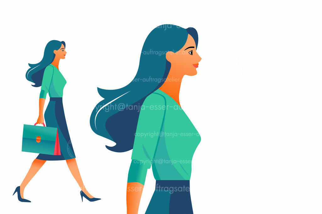 Frau mit Aktentasche weisser HG D | Elegante Pastell farbige Illustration einer Frau, die mit Aktentasche und Bürokleidung schwungvoll geht. Ganzer Körper. Die Frau wiederholt sich in einer Nahaufnahme. Weißer Hintergrund.