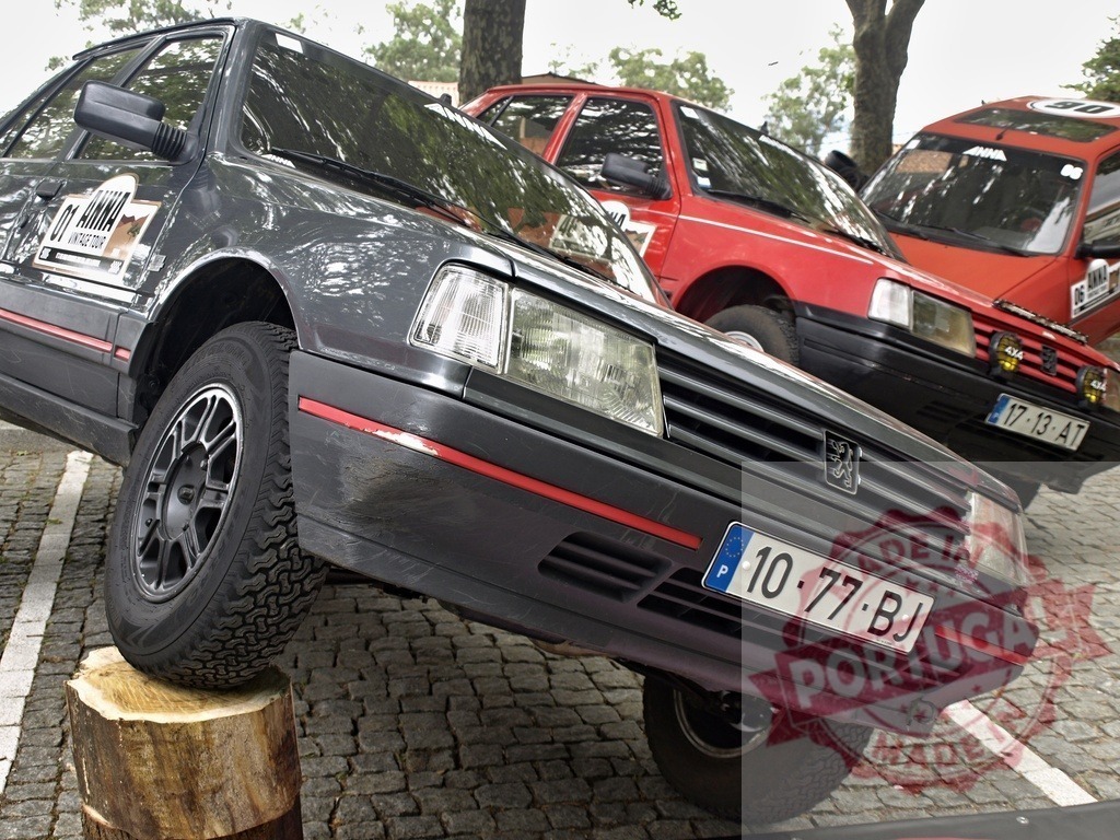 Peugeot 309 hatchback displaying off-road capabilities | Grey Peugeot 309 hatchback balancing on a tree stump with red rally cars behind - Realized with Pictrs.com