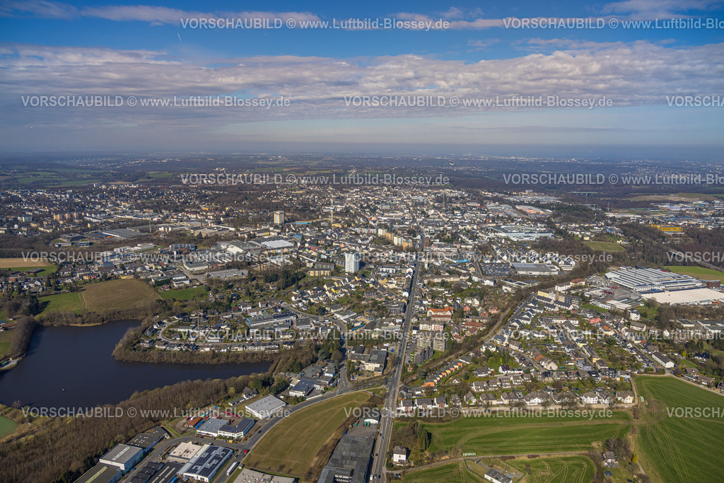 Velbert240301643 | Luftbild, City Ortsansicht mit Fernsicht und Wolken, Nevigeser Straße, Schlammteich, Velbert, Ruhrgebiet, Nordrhein-Westfalen, Deutschland
