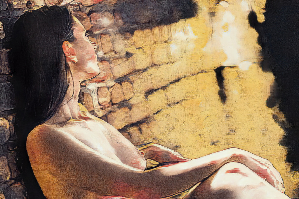 "Beyond the Walls" | A moment of quiet withdrawal unfolds against the rough texture of an aged stone wall. Warm golden tones contrast with deep shadows, while the relaxed pose and distant gaze create a sense of stillness and introspection. The painterly interpretation softens the scene without losing its raw character, transforming body, texture and space into an intimate study of solitude, warmth and contemplation. - Realisiert mit Pictrs.com