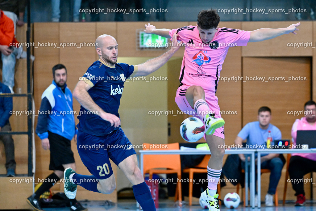 Carinthia Flamengo Futsal Club vs. Futsal Klagenfurt | #20 Marko Mrsic Futsal Klagenfurt, #17 Hasan Kupinic Carinthia Flamengo, Carinthia Flamengo Futsal Club vs. Futsal Klagenfurt, Carinthia Flamengo Futsal Club vs. Futsal Klagenfurt am 01.12.2024 in Klagenfurt (Ballspielhalle Viktring), Austria, (Photo by Bernd Stefan)