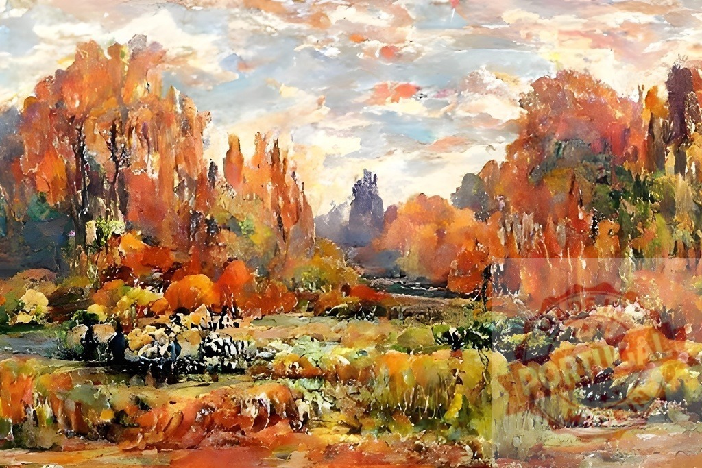 Autumn impressionist landscape painting with distant castle | Impressionist oil painting depicting a vibrant autumn forest and castle under a cloudy sky - Realized with Pictrs.com