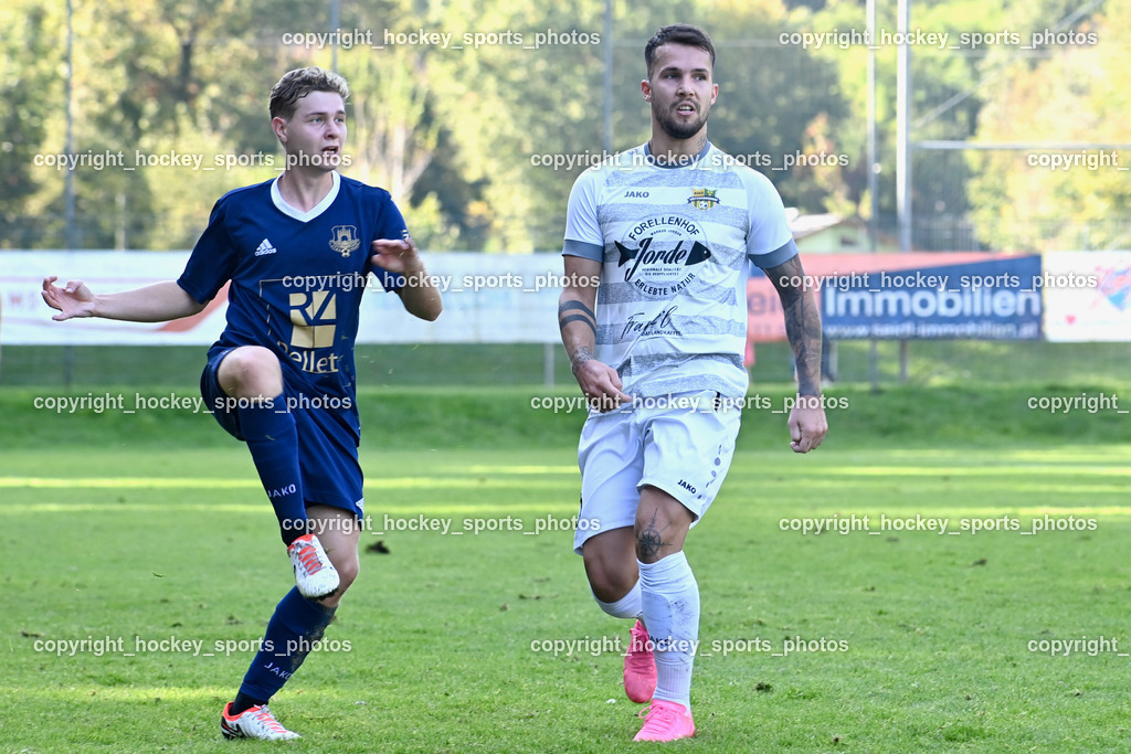 ATUS Velden vs. ASKÖ Köttmannsdorf 7.10.2023 | #20 Perdacher Lukas Valentin ATUS Velden, #10 Adis Ajkic Köttmannsdorf, ATUS Velden vs. ASKÖ Köttmannsdorf 7.10.2023, ATUS Velden vs. ASKÖ Köttmannsdorf am 07.10.2023 in Velden (Wald Arena Velden), Austria, (Photo by Bernd Stefan)