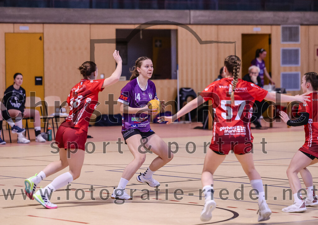 2025-02-22_061_SpVgg_Altenerding_gegen_TG_Landshut | Erding, Deutschland, 22.02.2025:Handball, Bezirksoberliga Frauen Altbayern 2024 / 2024, 15. Spieltag, SpVgg Altenerding gegen TG Landshut, Endergebnis: 25:22Sophie Lößl (SpVgg Altenerding, #14), Nadine Schlegel (TG Landshut, #57)Foto: Christian Riedel / fotografie-riedel.net