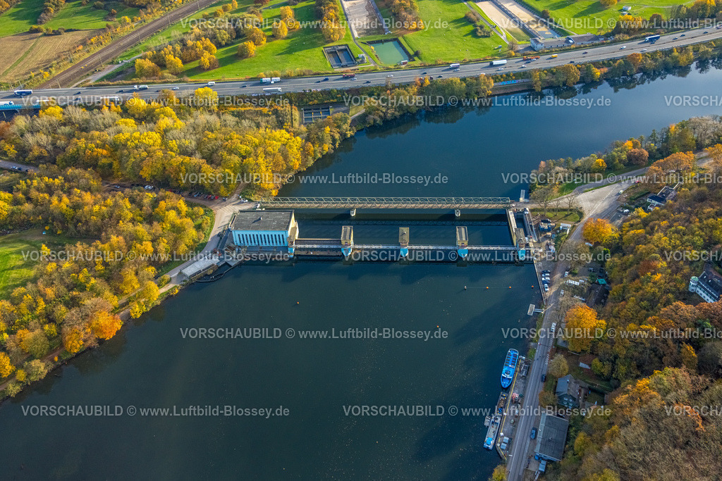 Hagen251102878 | Luftbild, Laufwasserkraftwerk Hengstey und Hengsteysee Brücke Ost, herbstliche Bäume, Boele, Hagen, Ruhrgebiet, Nordrhein-Westfalen, Deutschland