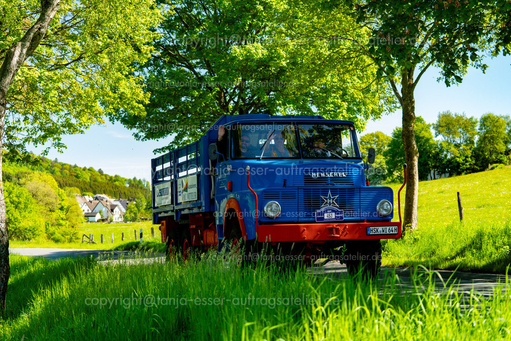 453 Oldtimer Sauerland Rundfahrt LKW Henschel HS 3-14 HACH_ 003 |     Brilon, Deutschland - 10. Mai 2025: Firma Witteler veranstaltet die Oldtimer Sauerlandrundfahrt (OSR). In Gevelinghausen wurde auf der Landstraße ein blauer Henschel LKW HS 3-14 HACH aus dem Baujahr 1964 fotografiert.                            