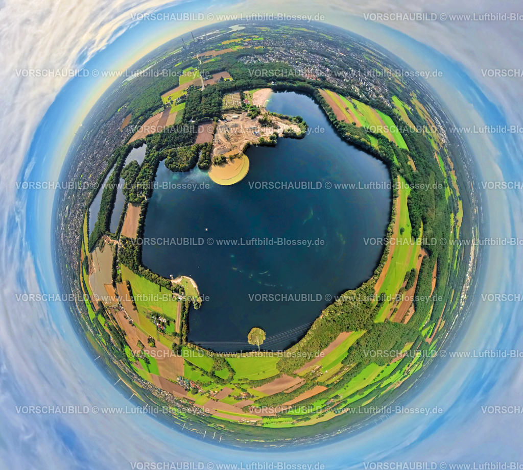 Huenxe250904242 | Luftbild, Tenderingssee und Strandbad, Erdkugel, Fisheye Aufnahme, Fischaugen Aufnahme, 360 Grad Aufnahme, tiny world, little planet, fisheye Bild, Bruckhausen, Hünxe, Ruhrgebiet, Nordrhein-Westfalen, Deutschland