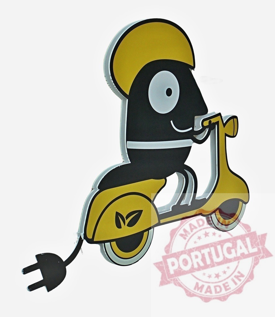 Funny cartoon character riding electric scooter with leaves logo promoting green energy | Cartoon character promoting green energy riding electric scooter with leaves logo on white background - Realisiert mit Pictrs.com