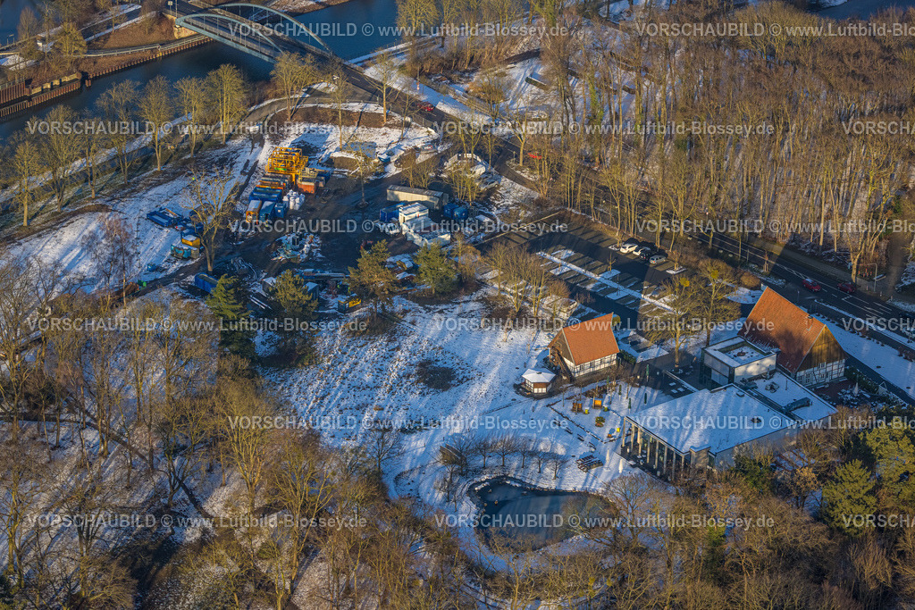 Hamm260105481 | Luftbild, Altes Fährhaus Restaurant und Baustelle, Kanalbrücke Fährweg, Winterlandschaft, Uentrop, Hamm, Ruhrgebiet, Nordrhein-Westfalen, Deutschland