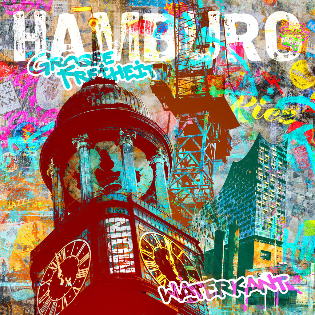 10230109 - Hamburg Graffiti Collage | Moderne kunstvolle Hamburg Collage im Pop-Art und Graffiti Stil. 