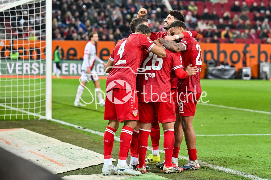 FC Augsburg - VfB Stuttgart | AUGSBURG, GERMANY - 22. MAERZ: Jubel der Gäste nach dem Treffer zum 2-5 durch Ermedin DEMIROVIC (VfB Stuttgart 9) / Tor / Torschuetze / Freude / Happy während dem Bundesligamatch zwischen dem FC Augsburg und dem VfB Stuttgart am 27. Spieltag in der WWK Arena / DFL REGULATIONS PROHIBIT ANY USE OF PHOTOGRAPHS AS IMAGE SEQUENCES AND/OR QUASI-VIDEO