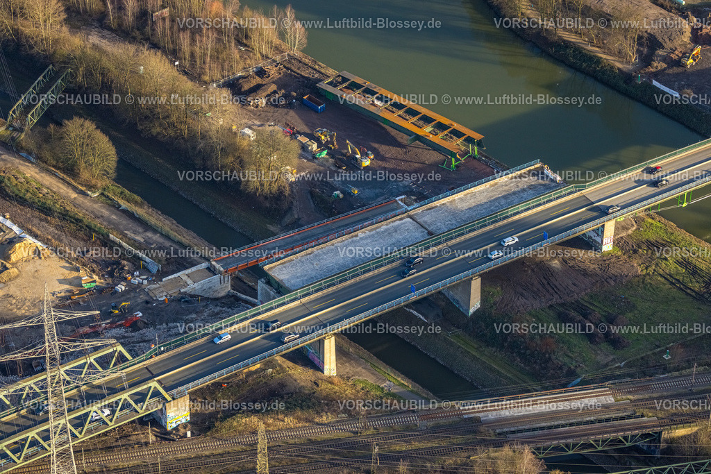 Herne240103959 | Luftbild, Bauarbeiten an der Emschertalbrücke Autobahnbrücke A43 über den Fluss Emscher und Rhein-Herne-Kanal, Baukau, Herne, Ruhrgebiet, Nordrhein-Westfalen, Deutschland