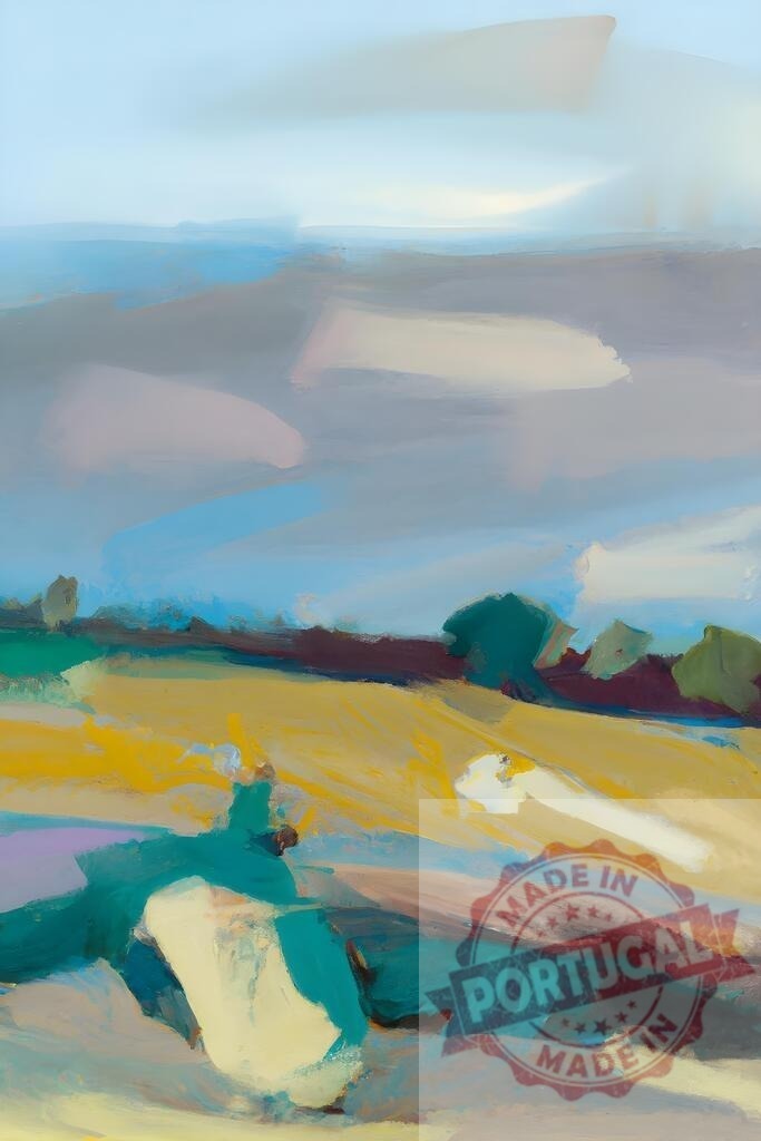Abstract landscape painting of countryside field with sky | Abstract painting showing a colorful field under a blue sky with clouds - Realized with Pictrs.com
