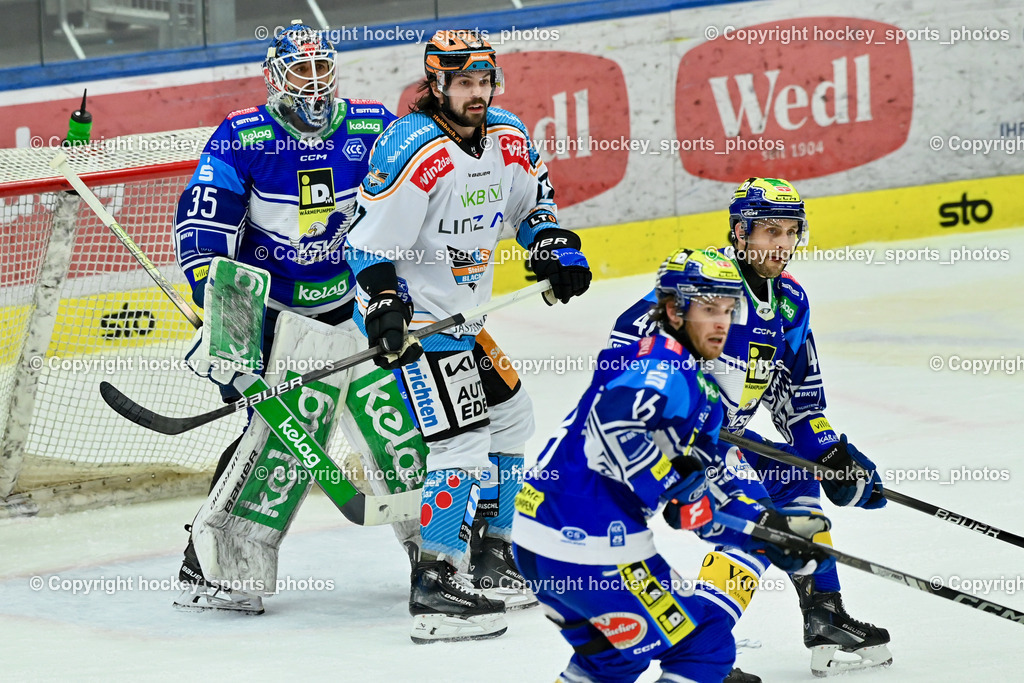 EC IDM Wärmepumpen VSV vs. STEINBACH BLACK WINGS LINZ  | #16 HANCOCK Kevin EC VSV, #46 WALL Alex EC VSV, #27 St-Amant Shawn BLACK WINGS LINZ, #35 Cannata Joe EC VSV,EC IDM Wärmepumpen VSV vs. STEINBACH BLACK WINGS LINZ , EC IDM Wärmepumpen VSV vs. STEINBACH BLACK WINGS LINZ  am 28.01.2025 in Villach (Stadthalle Villach), Austria, (Photo by Bernd Stefan)