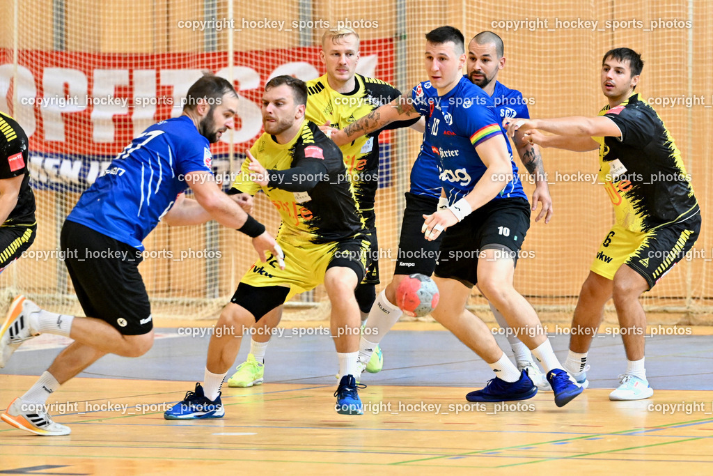 SC Ferlach vs. Bregenz Handball | #57 LEBAN Patrik SC Ferlach, #32 KOTAR Matic Bregenz Handball, #71 Schröder Andreas Bregenz Handball, #10 Perkusic Toni SC Ferlach, #81 Milicevic Adrian SC Ferlach, #6 MAHR Markus Bregenz Handball, SC Ferlach vs. Bregenz Handball, SC Ferlach vs. Bregenz Handball am 28.09.2024 in Ferlach (Ballspielhalle Ferlach), Austria, (Photo by Bernd Stefan)