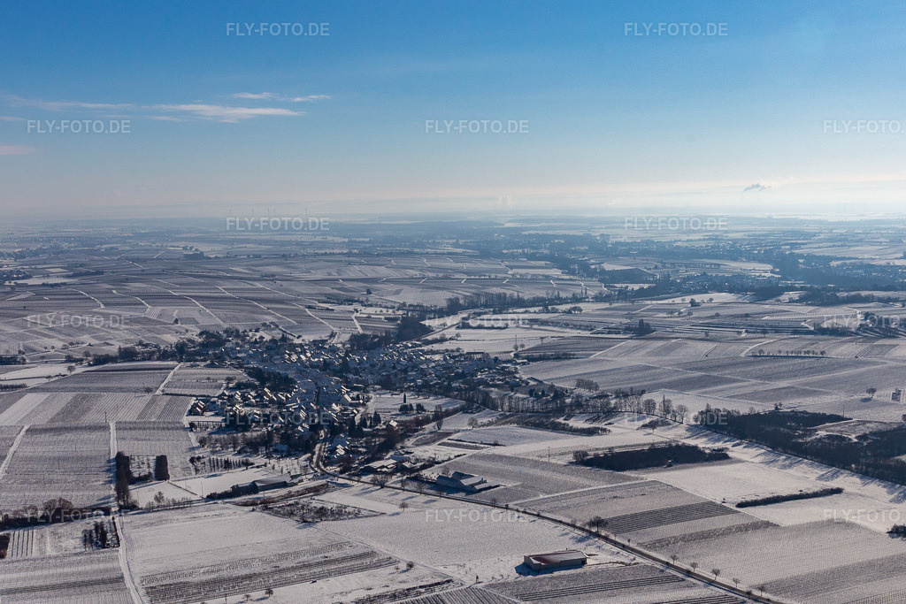 Luftbild: Winterluftbild im Schnee in Göcklingen im Bundesland Rheinland-Pfalz in Deutschland. Foto: IMG_124449.jpg vom 11.02.2021 durch Werner Riehm/FLY-FOTO.de