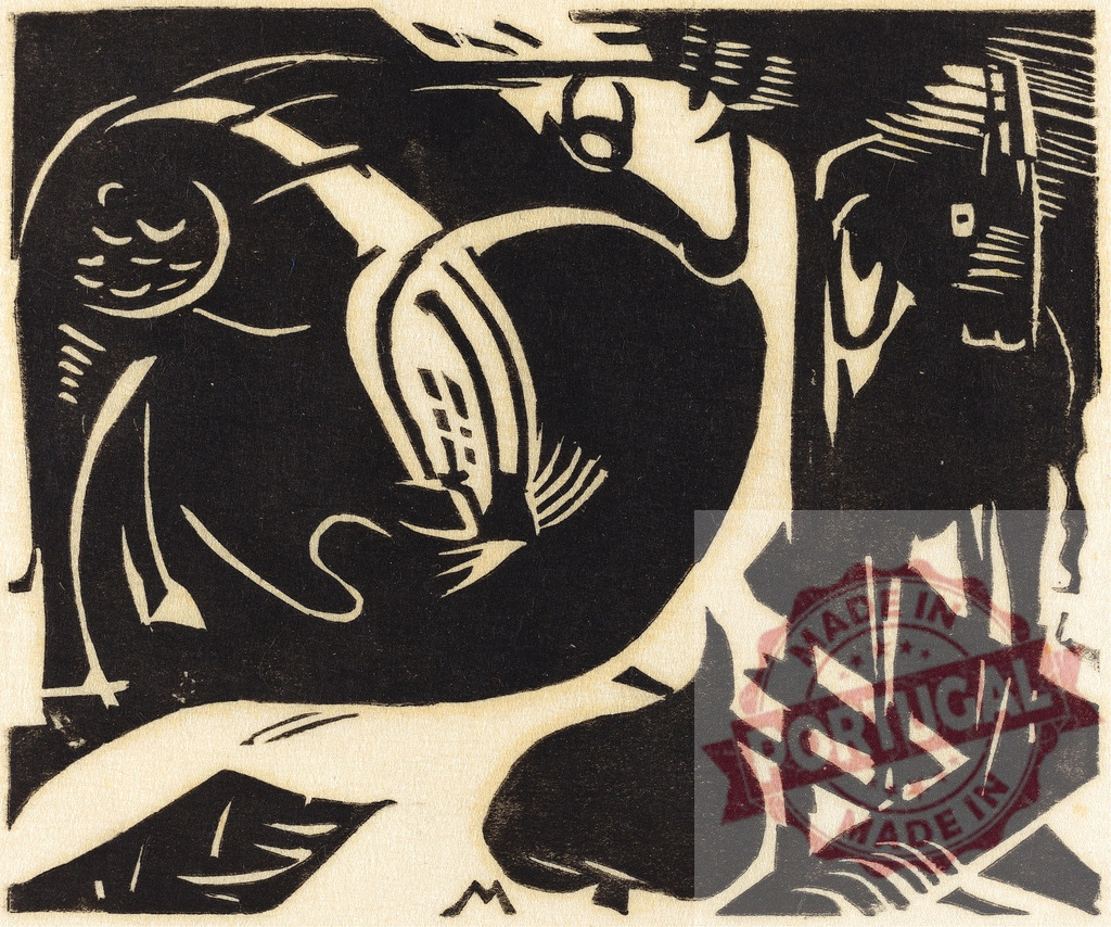 Franz Marc woodcut with abstract animals in expressionist style | Abstract woodcut showing two reclining animals in a German Expressionism art style - Realisiert mit Pictrs.com