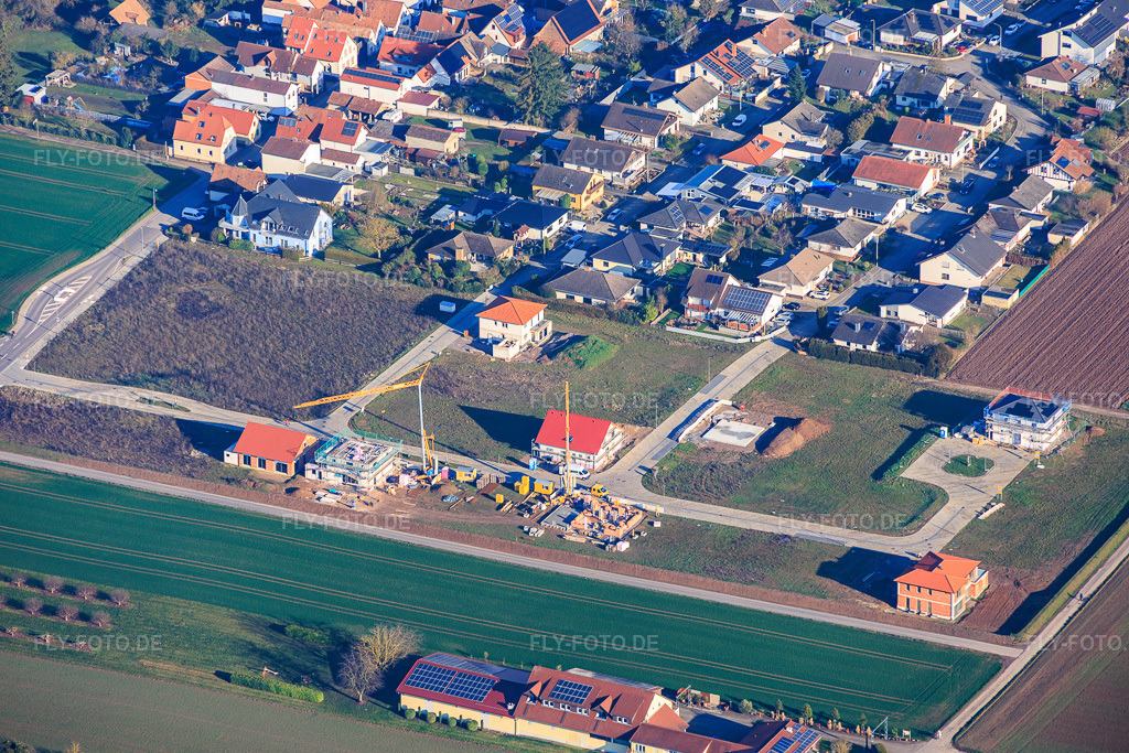 Luftbild: Drei Baustellen für Mehrfamilienhäuser im Neubaugebiet Im Niederfeld im Ortsteil Ingenheim in Billigheim-Ingenheim im Bundesland Rheinland-Pfalz in Deutschland. Foto: IMG_153214.jpg vom 25.02.2026 durch Werner Riehm/FLY-FOTO.de
