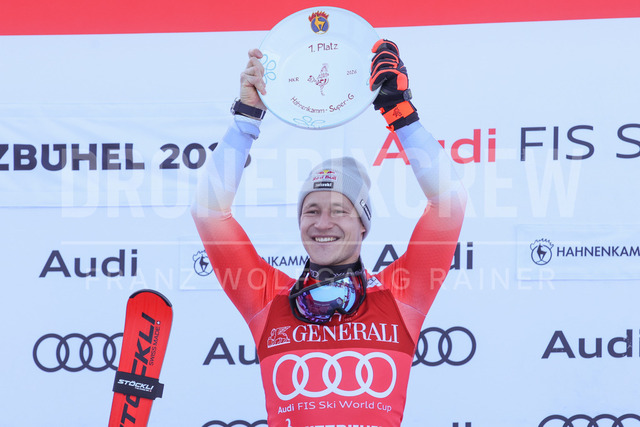 Audi FIS Ski World Cup: Men’s Slalom – Hahnenkamm Race, Kitzbuehel | Kitzbuehel, Austria, 25.Jan.26 - Alpine Skiing - FIS World Cup, Hahnenkamm Race, Slalom, men. The image shows ODERMATT Marco (SUI, Stoeckli) first place with trophy.