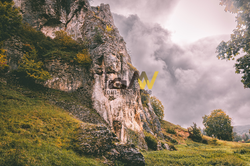Felsformation im regnerischen Altmühltal in Franken | Das Bild zeigt eine felsige Landschaft, möglicherweise im Juragebirge in Deutschland.Die Aufnahme zeigt eine steile, zerklüftete Felsformation, die mit Moos und einigen kleinen Bäumen bewachsen ist.Der Vordergrund besteht aus einer grasbewachsenen Wiese mit herbstlichen Farben.Im Hintergrund sind dunkle, dramatische Wolken am Himmel zu sehen. - Realisiert mit Pictrs.com