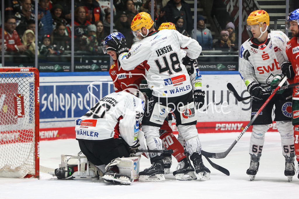 Augsburger Panther - Fischtown Pinguins | Nocholas B. JENSEN (BHV #48) und Alexander Oblinger (AEV #50) haben einen kleinen Disput