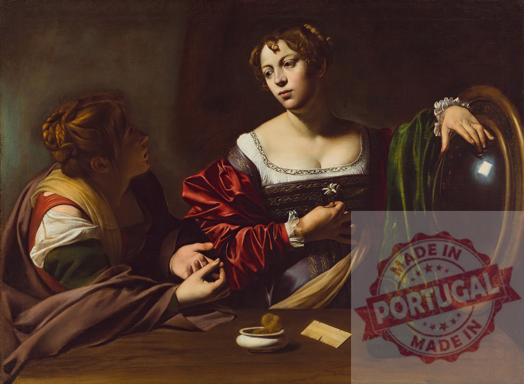 Art by Carravagio Martha persuading Mary Magdalene to conversion by Caravaggio | Martha communicating with Mary Magdalene, showing her conversion from vanity to spiritual life - Realized with Pictrs.com