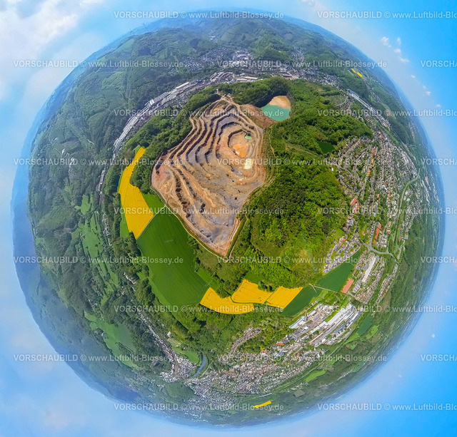 Hagen230520026HohenlimburgSteinbruch | Luftbild, Steinbruch Steltenberg, Hohenlimburger Kalkwerke, Erdkugel, Fisheye Aufnahme, Fischaugen Aufnahme, 360 Grad Aufnahme, Hohenlimburg, Hagen, Sauerland, Nordrhein-Westfalen, Deutschland