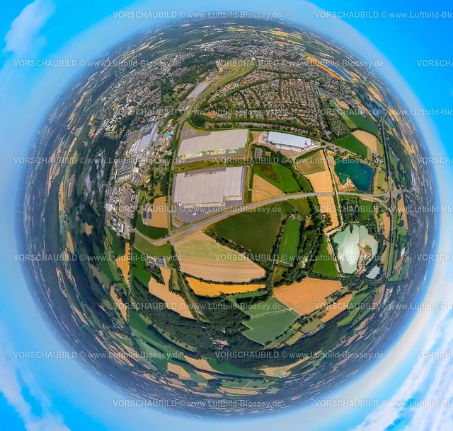 Kamp-Lintfort230790209_LogPort IV | Luftbild, logport IV, POCO Logistik, Logistikzentrum an der Norddeutschlandstraße, Erdkugel, Fisheye Aufnahme, Fischaugen Aufnahme, 360 Grad Aufnahme, tiny world, Lintfort, Kamp-Lintfort, Ruhrgebiet, Nordrhein-Westfalen, Deutschland