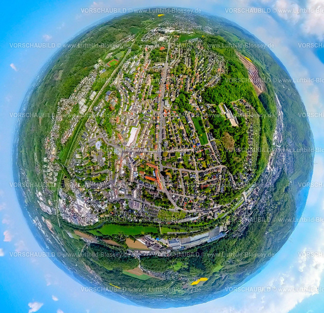 Hagen230520032Hohenlimburg | Luftbild, Hohenlimburg Ansicht mit Bundesstraße B7 Iserlohner Straße, Erdkugel, Fisheye Aufnahme, Fischaugen Aufnahme, 360 Grad Aufnahme, Hohenlimburg, Hagen, Sauerland, Nordrhein-Westfalen, Deutschland