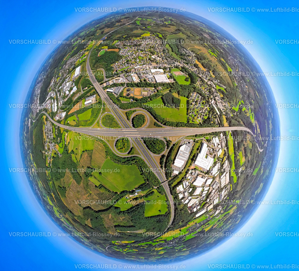 Wenden250810531BABAutobahnkreuz_A45_A4 | Luftbild, Autobahnkreuz Olpe-Süd mit den Autobahnen A45 und A4 mit Anschlussstelle Wenden, Gewerbegebiet Gerlingen, Erdkugel, Fisheye Aufnahme, Fischaugen Aufnahme, 360 Grad Aufnahme, tiny world, little planet, fisheye Bild, Gerlingen, Wenden, Ruhrgebiet, Nordrhein-Westfalen, Deutschland