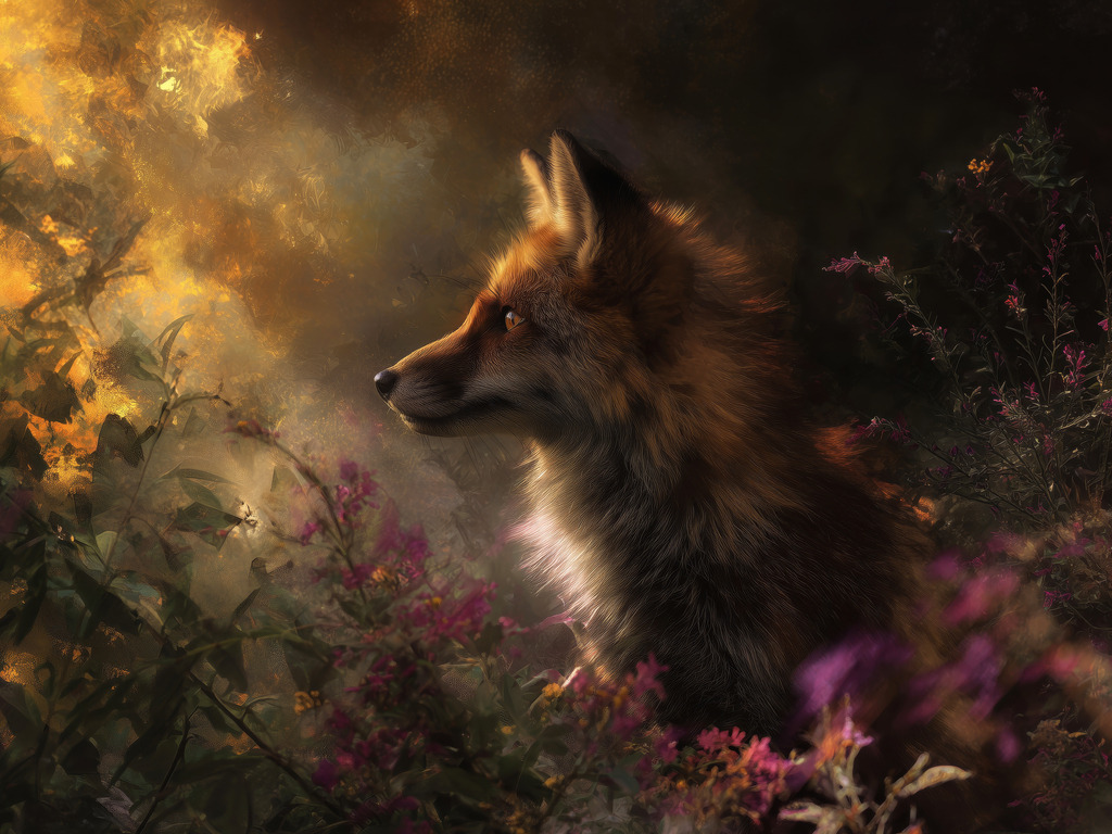 2512008 - Fuchs im Lichtschimmer | Dieses Werk zieht den Betrachter sofort in eine tiefe, geheimnisvolle Waldszene. Im Zentrum steht ein aufmerksamer Rotfuchs, dessen Profil aus der umgebenden Dunkelheit auftaucht.