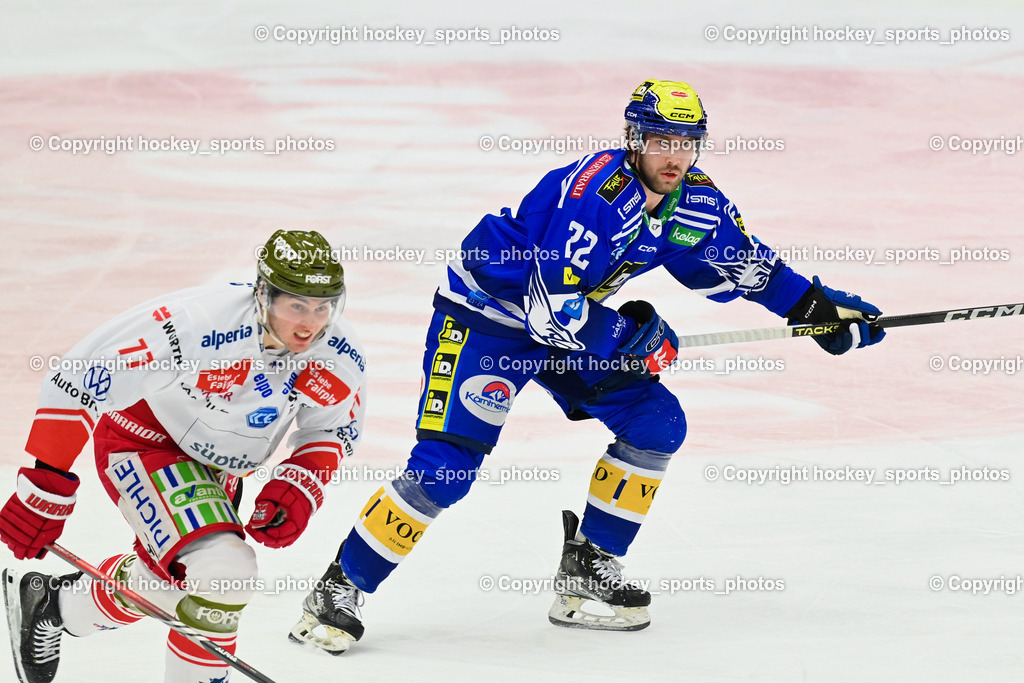 EC VSV vs. HC Bozen 16.2.2024 | #77 Brunner Pascal, #22 Ethan Cap, EC VSV vs. HC Bozen 16.2.2024, EC VSV vs. HC Bozen 16.2.2024 am 16.02.2024 in Villach (Stadthalle Villach), Austria, (Photo by Bernd Stefan)