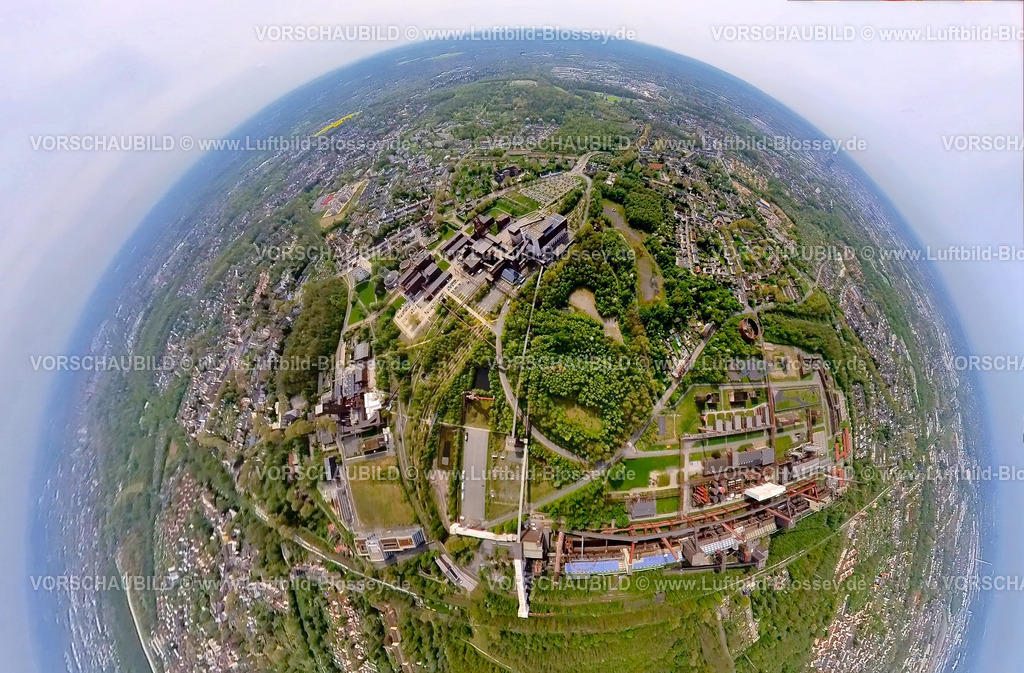 Essen240490041KokereiZecheZollverein | Luftbild, UNESCO-Welterbe Zollverein, Zeche Zollverein und Kokerei, Erdkugel, Fisheye Aufnahme, Fischaugen Aufnahme, 360 Grad Aufnahme, tiny world, little planet, fisheye Bild, Stoppenberg, Essen, Ruhrgebiet, Nordrhein-Westfalen, Deutschland
