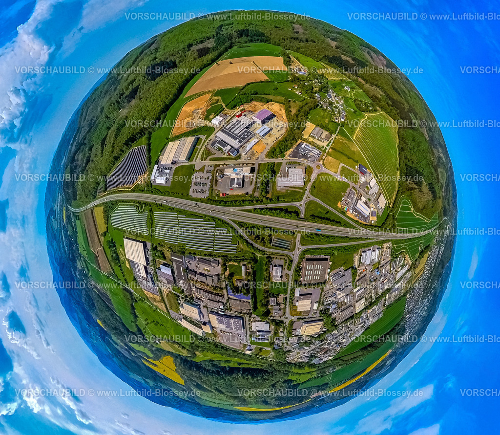 Meschede240590364GewerbegebietEnste | Luftbild, Ortsteil und Gewerbegebiet Enste mit Solarpark, Autobahn A46, Waldgebiet, Erdkugel, Fisheye Aufnahme, Fischaugen Aufnahme, 360 Grad Aufnahme, tiny world, little planet, fisheye Bild, Enste, Meschede, Sauerland, Nordrhein-Westfalen, Deutschland