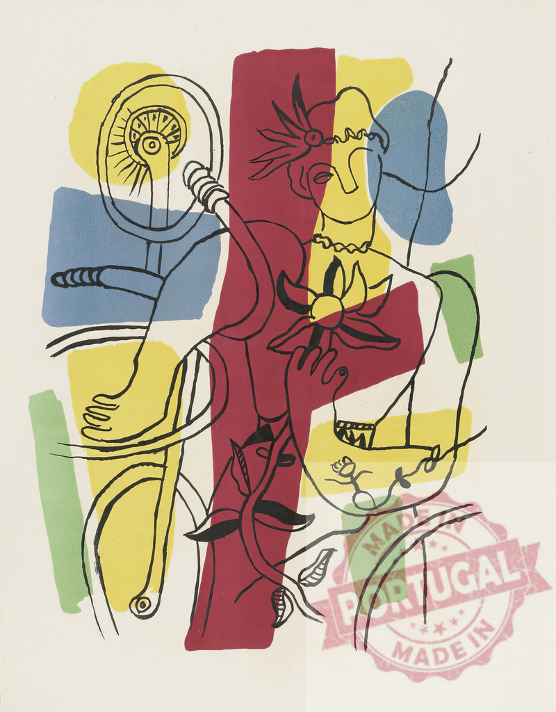 Fernand Léger style cubist woman holding flower | Fernand Leger Abstract figure of a woman in a cubist art style with bold colors and black lines - Realisiert mit Pictrs.com