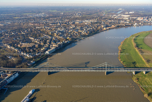Duisburg241201851 | Luftbild, Krefeld-Uerdinger-Brücke über den Fluss Rhein, Rheinaue und Binnenschifffahrt, Mündelheim, Duisburg, Ruhrgebiet, Nordrhein-Westfalen, Deutschland