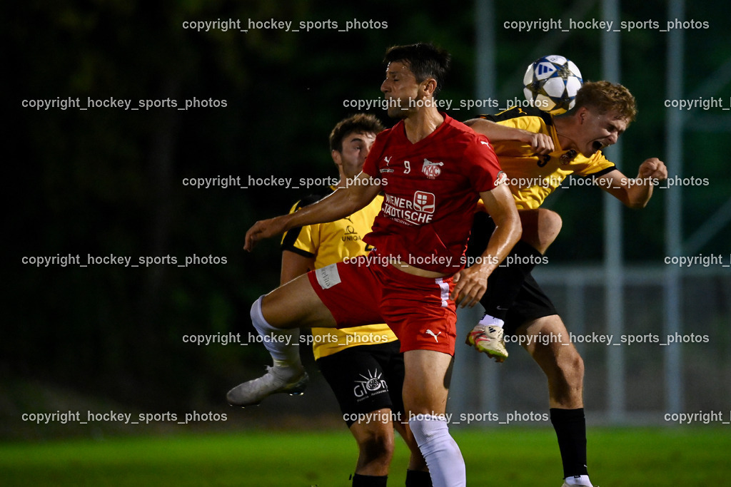 FC KAC 1909 vs. FC Nussdorf Debant | #9 Mihret Topcagic FC KAC, #3 Philipp Gomig FC Nussdorf Debant, #22 Tobias Trojer FC Nussdorf Debant, FC KAC 1909 vs. FC Nussdorf Debant, FC KAC 1909 vs. FC Nussdorf Debant am 19.09.2025 in Klagenfurt (Sportplatz KAC), Austria, (Photo by Bernd Stefan)