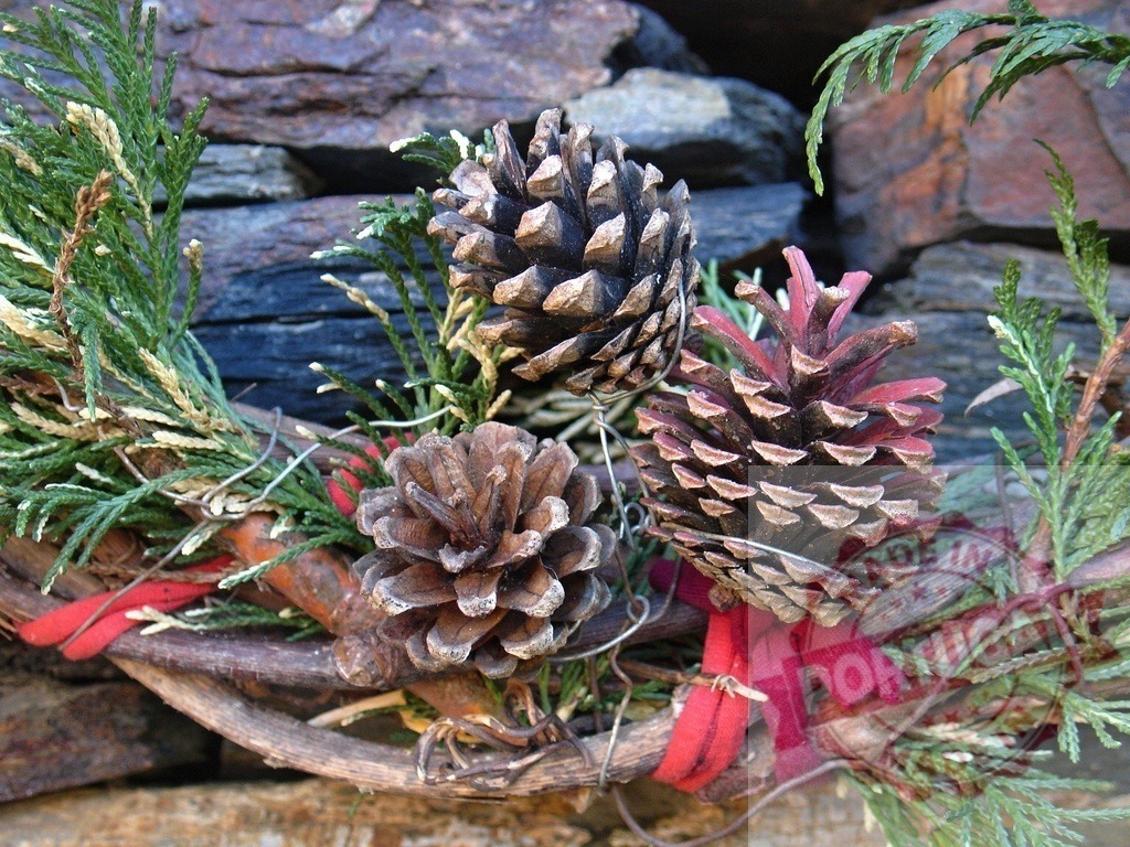 Pinecones and evergreen branches decorating a rustic wreath | Wreath with pinecones, evergreen foliage, and red ribbon against a stone wall background - Realisiert mit Pictrs.com