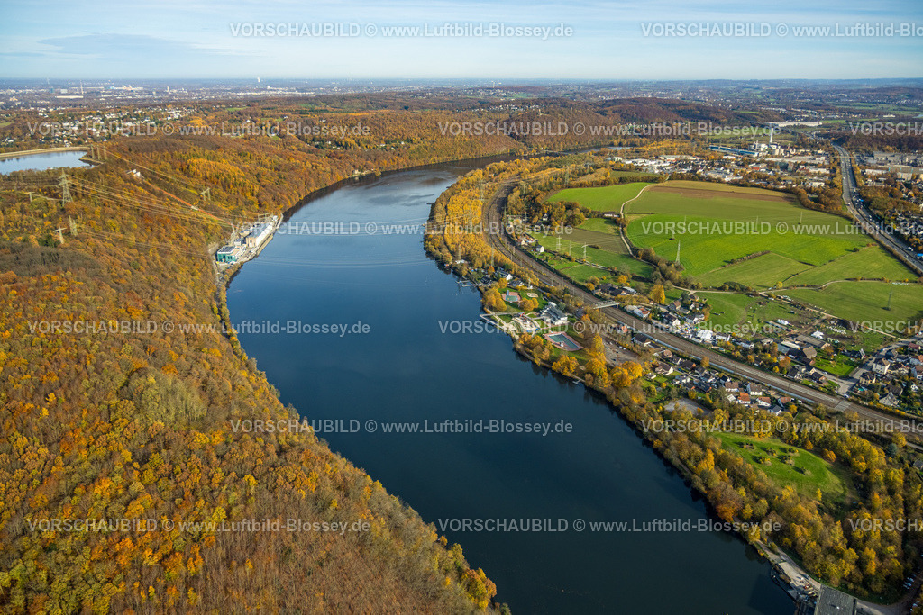 Hagen251100777 | Luftbild, Hengsteysee und RWE Koepchenwerk, Salitos Beach Hengsteysee Beach Club am Hengsteysee, Strandhaus und Freibad Südufer, Ardeygebirge mit Herbstwald, Boele, Hagen, Ruhrgebiet, Nordrhein-Westfalen, Deutschland
