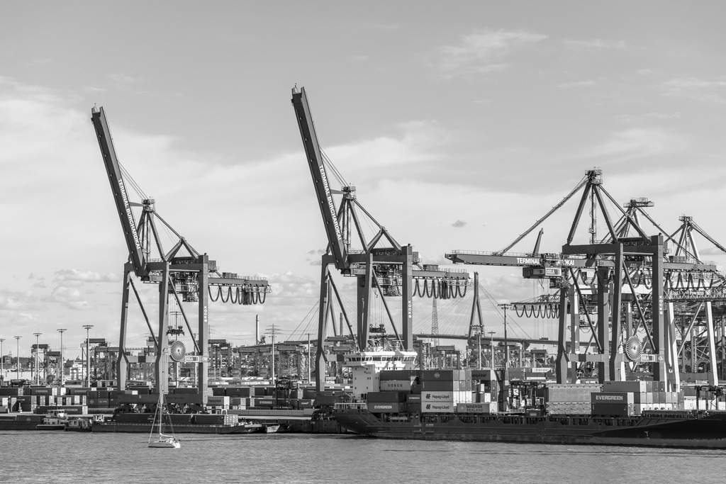 10250703 - Burchardkai in Schwarzweiß | Blick auf das Containerterminal Burchardkai im Hamburger Hafen.