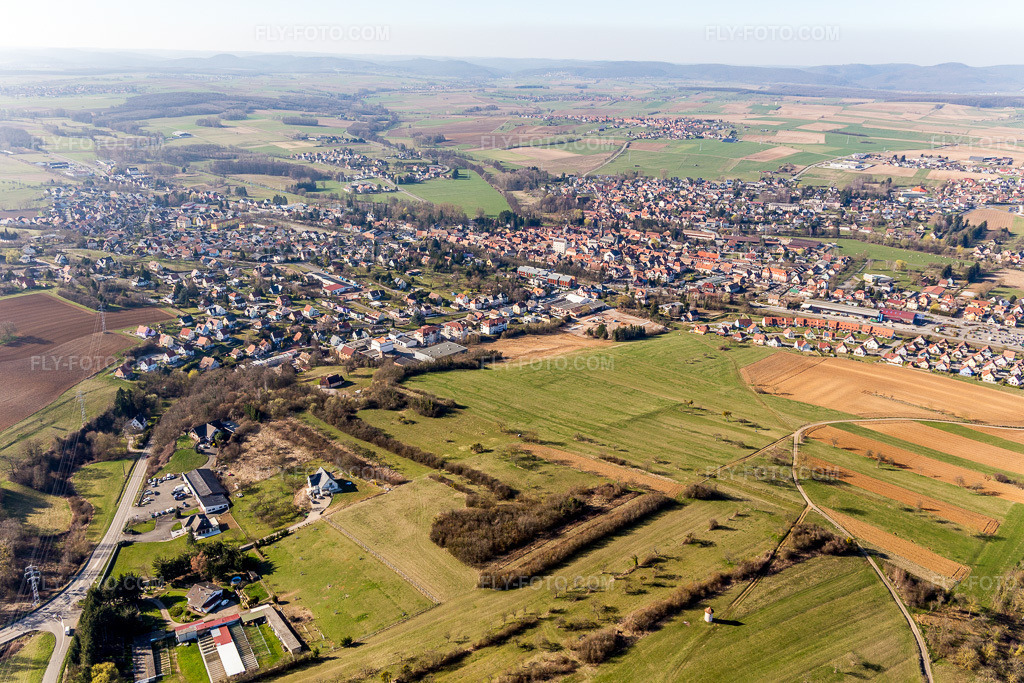 Aerial view: Pfaffenhoffen in Val-de-Moder in the state Bas-Rhin, France.Photo: IMG_097497.jpg taken on 03/16/2017 by Werner Riehm/FLY-FOTO.comResolution of the original: 5472 x 3648 px