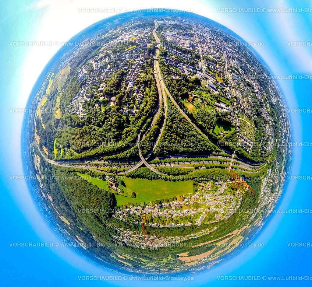 Velbert240890724A44_A535 | Luftbild, AutobahnDreieck Velbert-Nord, Autobahn A44 und Autobahn A535, Waldgebiet, Erdkugel, Fisheye Aufnahme, Fischaugen Aufnahme, 360 Grad Aufnahme, tiny world, little planet, fisheye Bild, , Velbert, Ruhrgebiet, Nordrhein-Westfalen, Deutschland