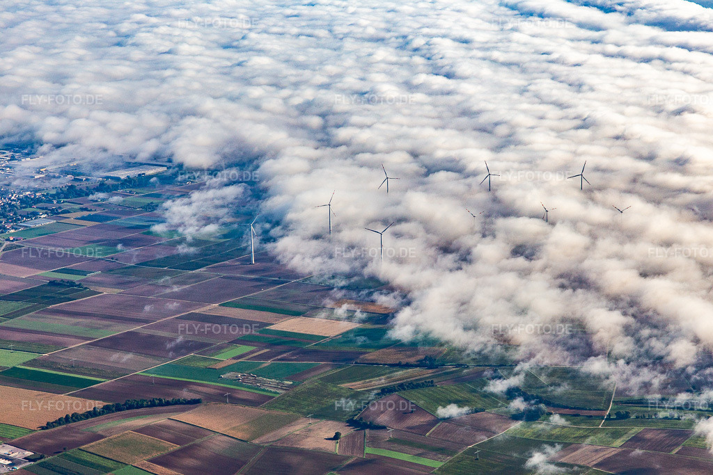 Luftbild: Windpark bei Offenbach teilweise in Wolken in Offenbach an der Queich im Bundesland Rheinland-Pfalz in Deutschland. Foto: IMG_143518.jpg vom 29.09.2024 durch Werner Riehm/FLY-FOTO.de