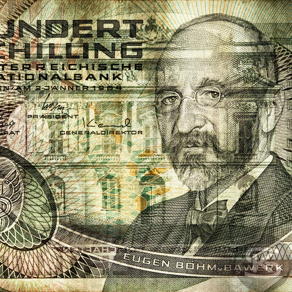 ÖSTERREICH - Eugen Böhm von Bawerk | Ökonom, 1851-1914 | Entdecken Sie "Gesichter der Währungen" – eine einzigartige Fotoserie von Stefan Kuhn, die Banknoten aus aller Welt als Kunstwerke neu interpretiert. Vorder- und Rückseite verschmelzen zu faszinierenden Kompositionen.  - Realisiert mit Pictrs.com